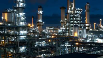 Industrial Complex at Night. Illuminated Refinery Towers and Pipelines