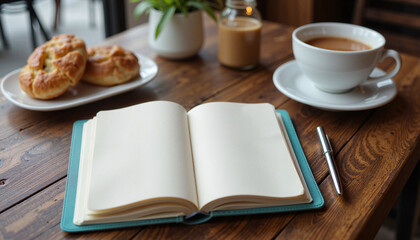 Cozy caf&eacute; scene with open notebook and cup of tea, relaxation ambiance