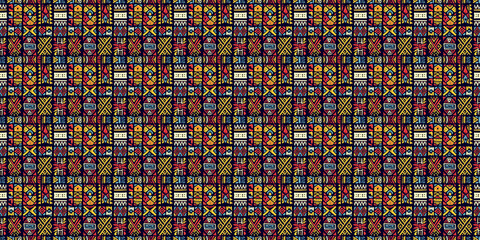 Abstract African art shapes seamless backgrounds, tribal geometric decoration patterns. Colored flat boho symbols illustrations	
