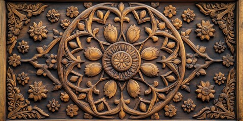 beautiful background of Islamic patterns carved in wood, with intricate designs and rich colors