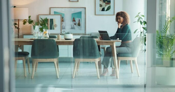 Woman, office and thinking with laptop for research, headline and story inspiration with proofreading journalist. Female person, employee and article with ideas, news publication or copywriting plan
