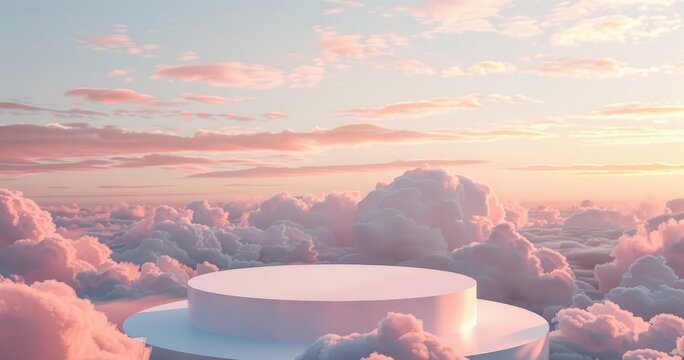 A serene sky scene with soft clouds and a minimalist platform at sunset.
