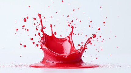 Paint splatter in vivid red, dynamic droplets suspended, soft grayish-blue fog, vibrant color burst