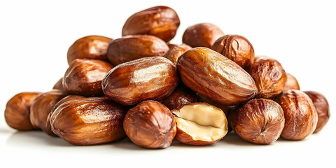 Fototapeta premium A Pile of Roasted Brown Nuts, Close-up Studio Shot on White Background, High-Resolution Image