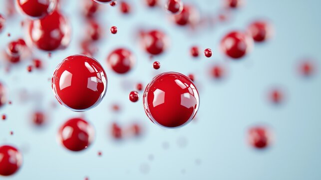 Floating red paint droplets on a muted grayish-blue background, vivid splash with hazy smoke, visually striking yet minimalistic art scene