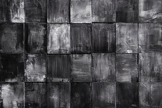 An abstract textured wall featuring black and white square tiles with rough paint and uneven brush strokes
