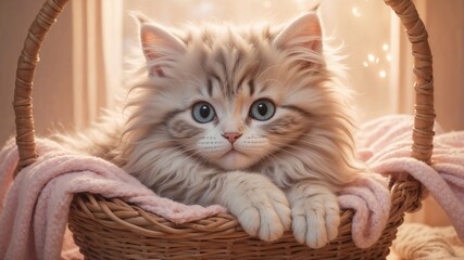 Fluffy Kitten with Wide Eyes Resting in a Wicker Basket Surrounded by Pink Blanket and Soft Lighting