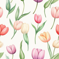 Obraz premium Beautiful floral pattern featuring various tulips in soft colors, including pink, red, and purple, against light background, creating fresh and vibrant atmosphere