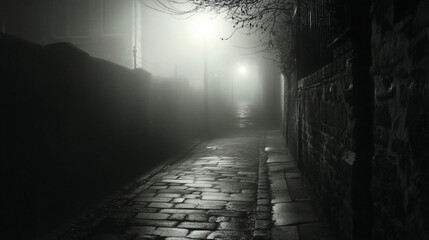 A shadowy alleyway at midnight, where the fog is thick and distant footsteps echo, though no one is visible.