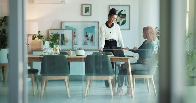 Handshake, business women and office for meeting with welcome, partnership and planning approval. Shaking hands, introduction and client with hello, crm and teamwork or b2b collaboration agreement