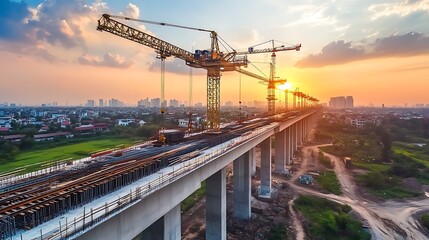 Construction of an Elevated Railway at Sunset