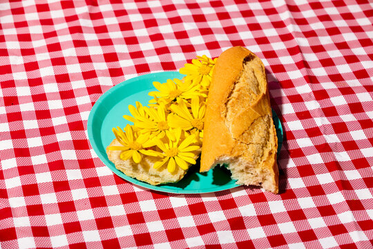 Rustic picnic setting with baguette and yellow flowers