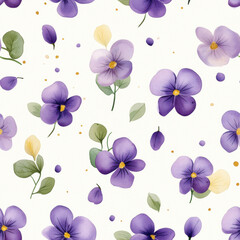 Obraz premium Beautiful floral pattern featuring purple violets and green leaves on light background, perfect for fabric or wallpaper design