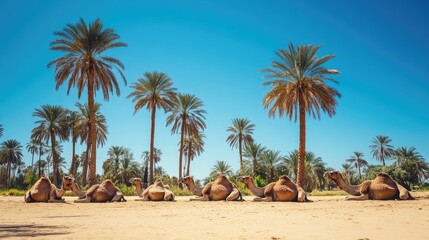 Obraz premium Camels Resting in a Lush Oasis Under Bright Blue Sky