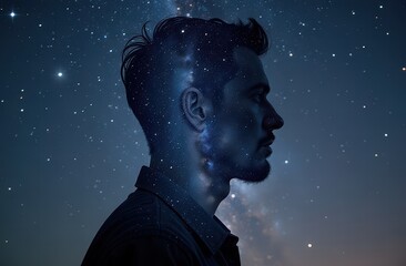 Fototapeta premium Cosmic contemplation: man's silhouette against a starry night sky for dreamy, celestial design