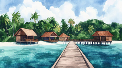 Fototapeta premium Tropical paradise with wooden houses and a serene pathway over blue waters.