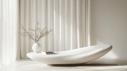 Minimalist white room interior with organic coffee table, vase, and books.