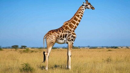 Obraz premium Majestic Giraffe Standing Tall in Golden Savanna Under Blue Sky