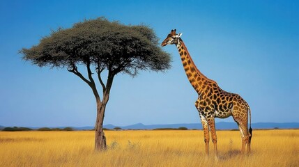 Obraz premium Majestic Giraffe Grazing Under a Lonely Acacia Tree in Savanna