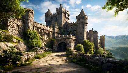 A breathtaking image of an ancient stone castle surrounded by greenery, set under a clear blue sky. The towering structure evokes a sense of history, strength, and architectural grandeur.. AI