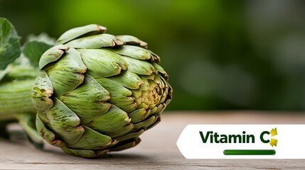Obraz premium Fresh green artichoke with a sign highlighting its vitamin C content.