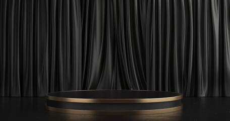 A stage with black curtains and a circular platform, ideal for performances or presentations.