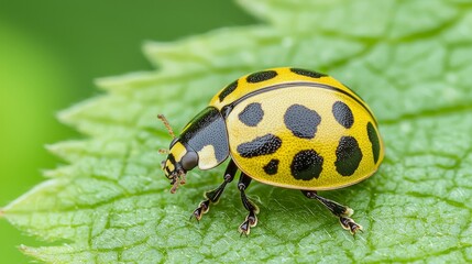 Fototapeta premium Ladybug on a leaf, close-up showing intricate wing patterns and antennae, surrounded by blurred bokeh background of lush greenery
