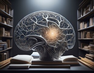 Library images in the shape of a brain. Human, brain and books are the subject. Artificial intelligence images.