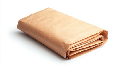 Brown paper lunch bag laying flat, sharp edges and fine details, white background