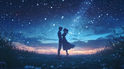 Obraz premium Silhouette couple embracing under a starry night sky.