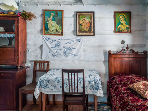 Sanok, Poland - May 4, 2024. Step back in time with this evocative image of a traditional Polish small town home interior in the Museum of Folk Architecture in Sanok.