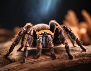 Tarantula- Brown and black spider is on a wooden surface