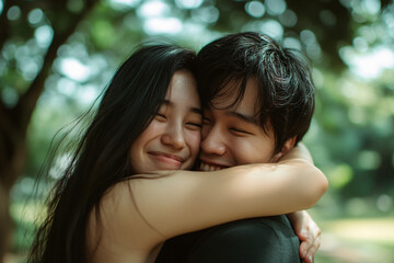 Fototapeta premium young couple embracing happily in a natural outdoor setting with soft sunlight and lush green trees creating a warm intimate moment 