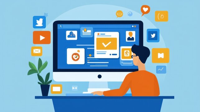 Man managing social media accounts on computer.