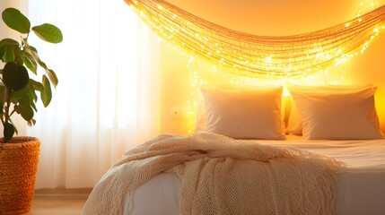 Small hostel room featuring a hammock-style bed, glowing fairy lights across the ceiling, cozy blankets, and earthy bohemian decor. bohemian style, hostel room