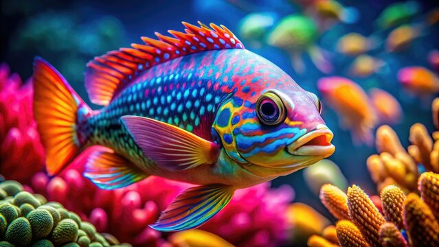 Macro underwater photography captures vibrant, multicolored fish in breathtaking close-up detail.