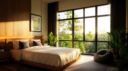 Fototapeta premium Spacious hostel room, soft bed with modern decor, cozy bean bag corner for relaxing, large windows allowing natural light, bright and airy atmosphere