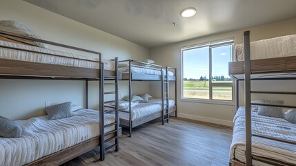 Naklejka premium Spacious hostel room with modern bunk beds and neutral decor, capturing the simplicity of budget travel, dormitory beds, travel accommodation design