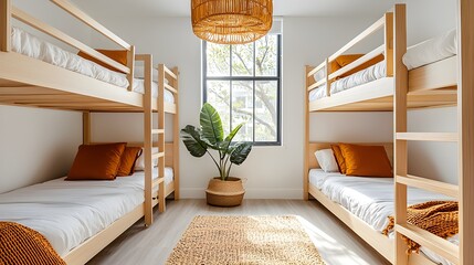 Stylish and vibrant hostel room, featuring modern bunk beds in bold colors, sharp lines, and trendy Scandinavian decor for a fresh, clean look