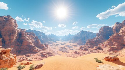 Naklejka premium A vast desert landscape under a bright sun, showcasing rocky formations and sandy terrain.
