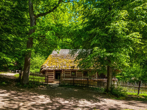 Sanok, Poland - May 4, 2024. Residential building from Skorodne dating from 1906 in the Museum of Folk Architecture in Sanok.