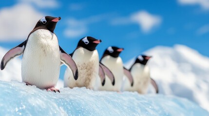 Obraz premium Penguins sliding down an icy slope into a pool.