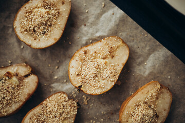 Top view of pears with Dor Bleu cheese and nuts on a tray
