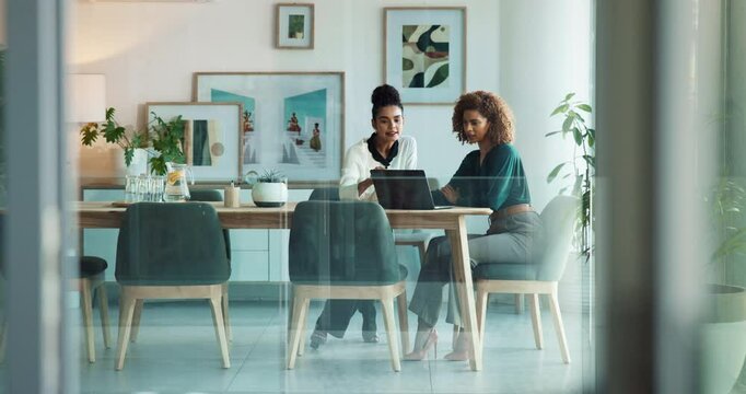Laptop, planning and women in meeting for advice, development or growth in collaboration. Teamwork, partnership and business people in office with ideas, discussion or online report at digital agency