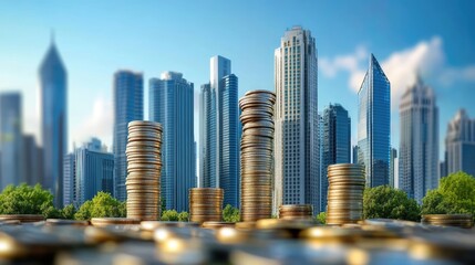 Fototapeta premium Tall buildings and coins are the same height 