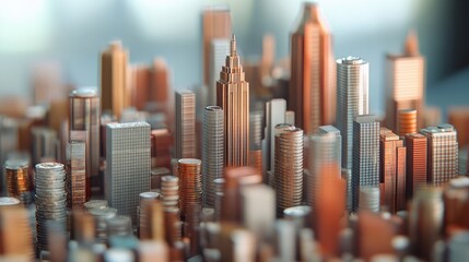 Obraz premium Tall buildings and coins are the same height 