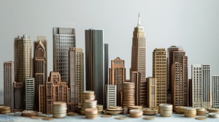 Fototapeta premium Tall buildings and coins are the same height 
