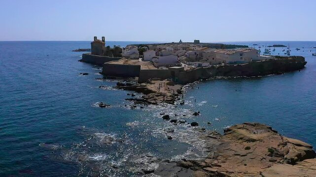 Aerial view of the antique town of the Mediterranean touristic island of Tabarca, in the Mediterranean coast, Alicante, Spain.