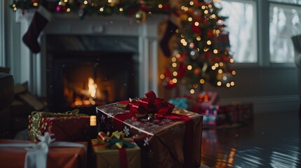 Cozy Christmas scene with presents by a fireplace and decorated tree.  Fire glows warmly, snow falls softly.