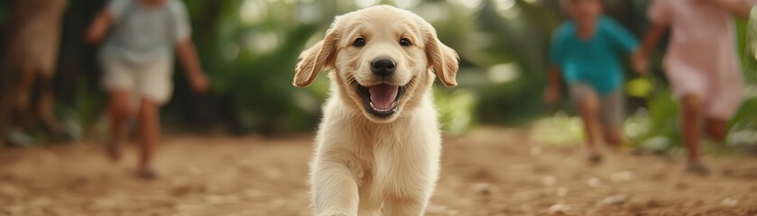 Playful golden retriever puppy chasing kids park outdoor photography nature joyful atmosphere